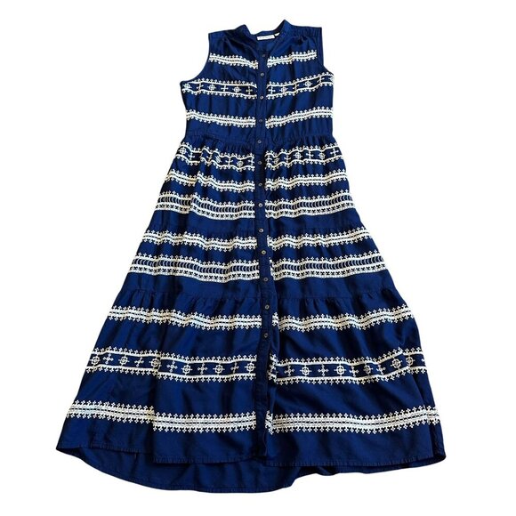 Roller Rabbit Sleeveless Navy Dress Embroidered Tiered Button-Down Size Medium - Picture 3 of 11